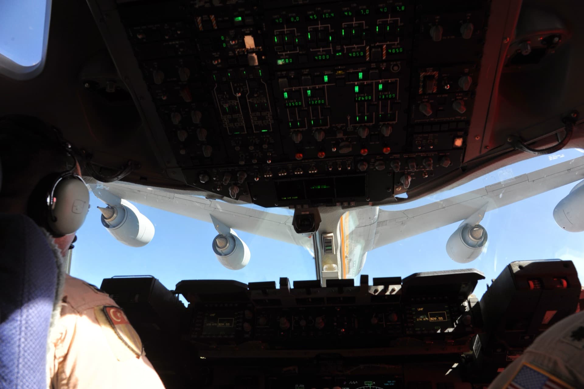 C-17 Globemaster cockpit view during aerial refueling